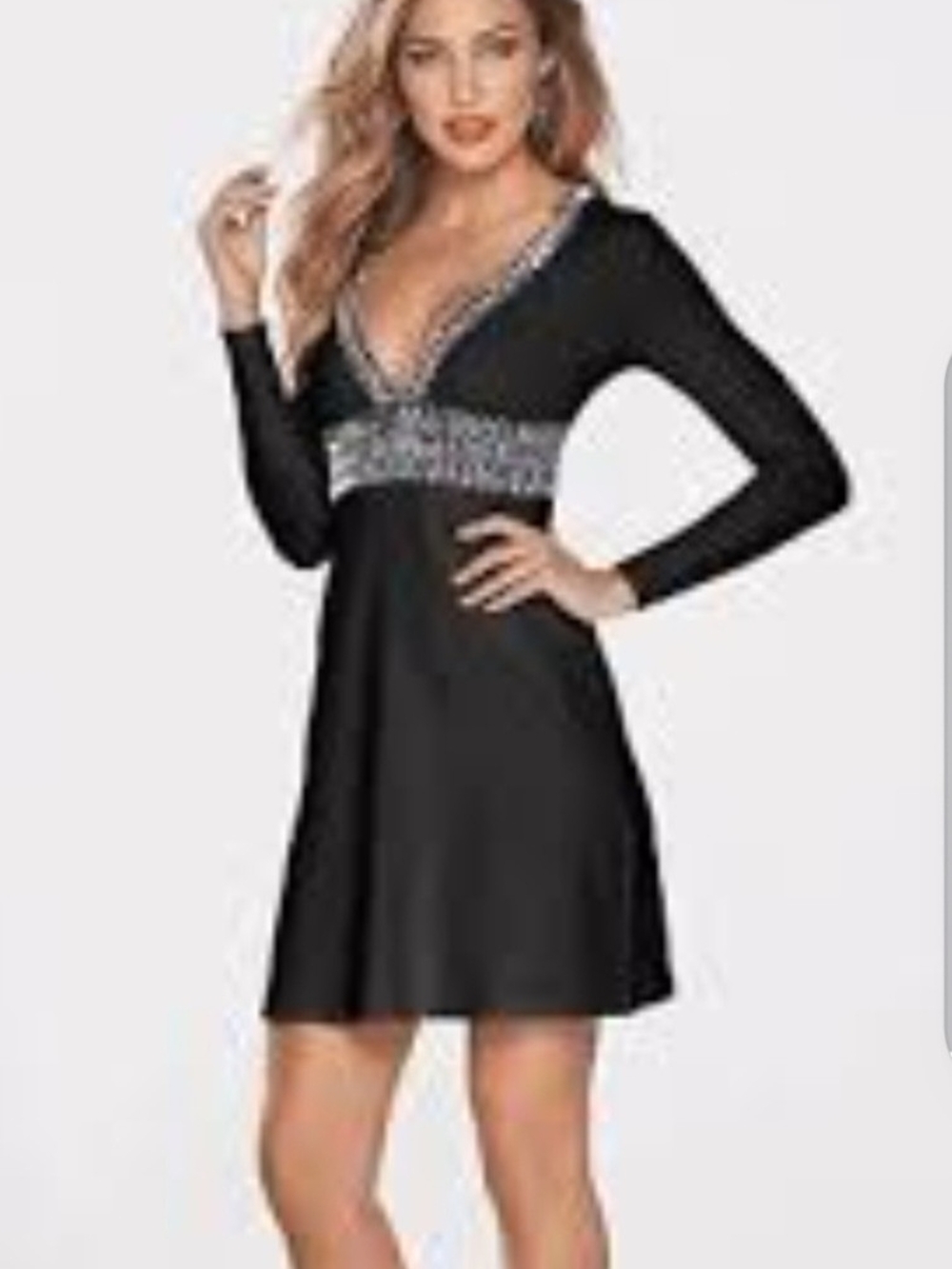 VENUS Black Long-Sleeve V-Neck Mini Dress with Crystal Waist